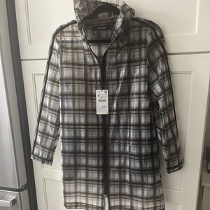 Zara Plaid Hooded Raincoat- Black/Gray.  Water repellent, polyurethane.